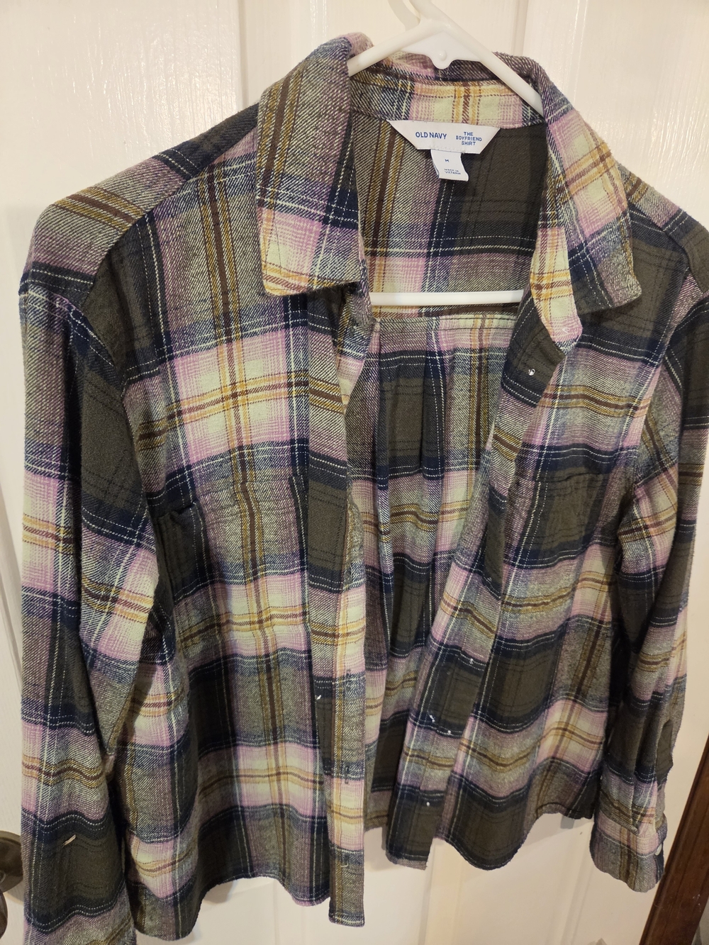 Old Navy Olive Green Plaid Button-Down Shirt with Pink and Yellow Accents